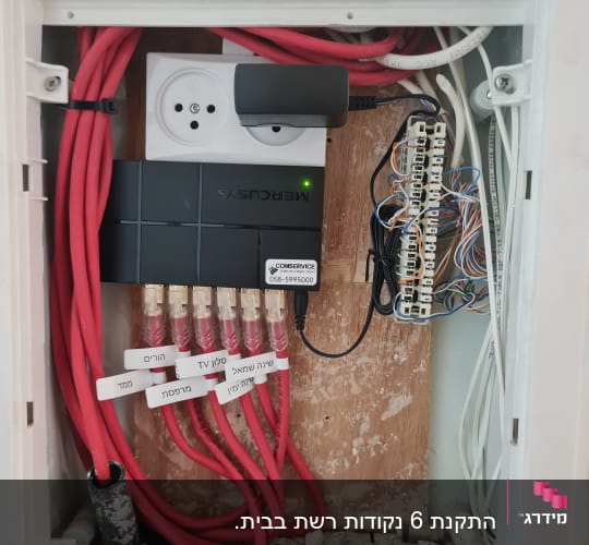 ארון תקשורת עם כבלים אדומים ומחבר רשת